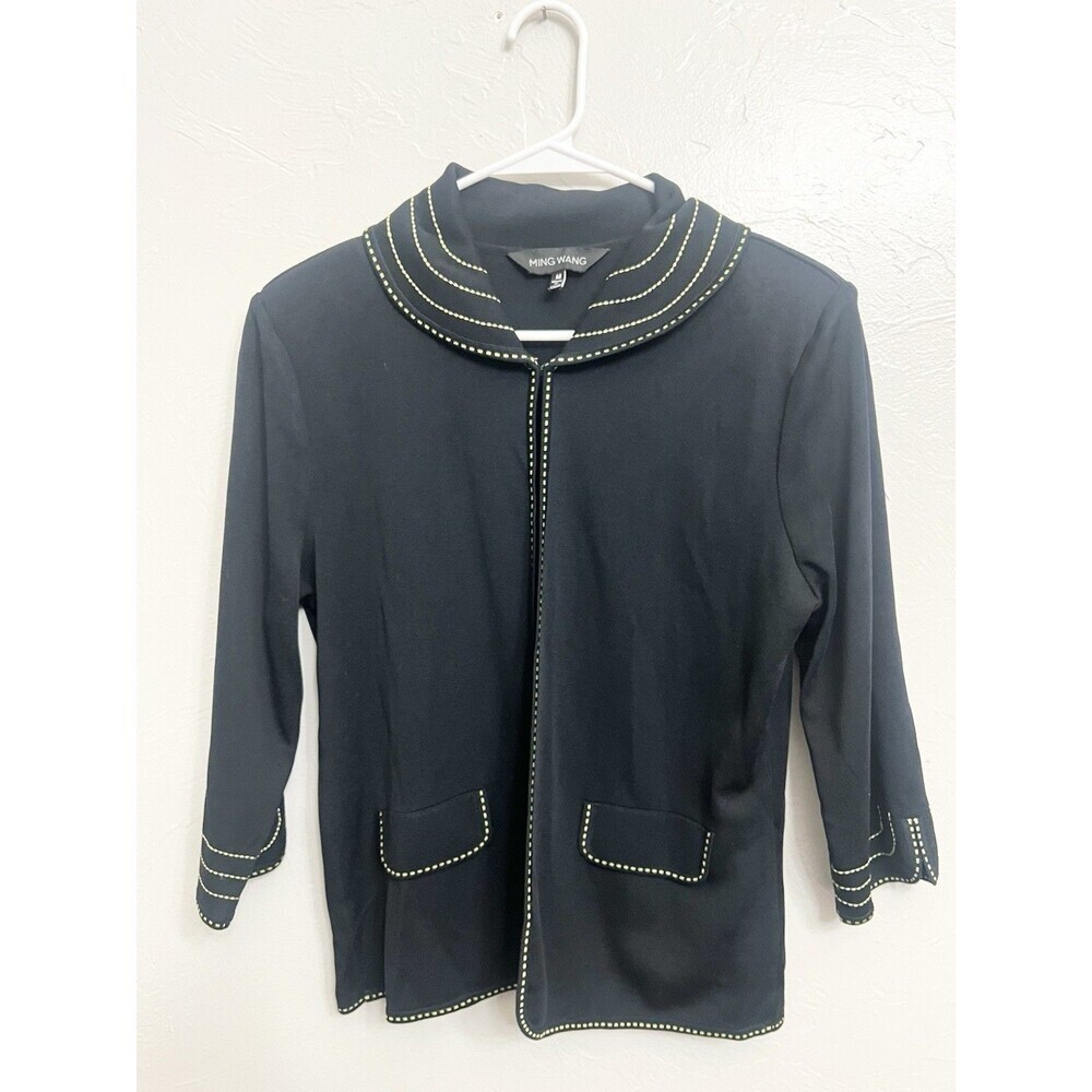 Ming Wang Black w green stitching Cardigan Jacket Travel Acrylic Top Boxy Medium